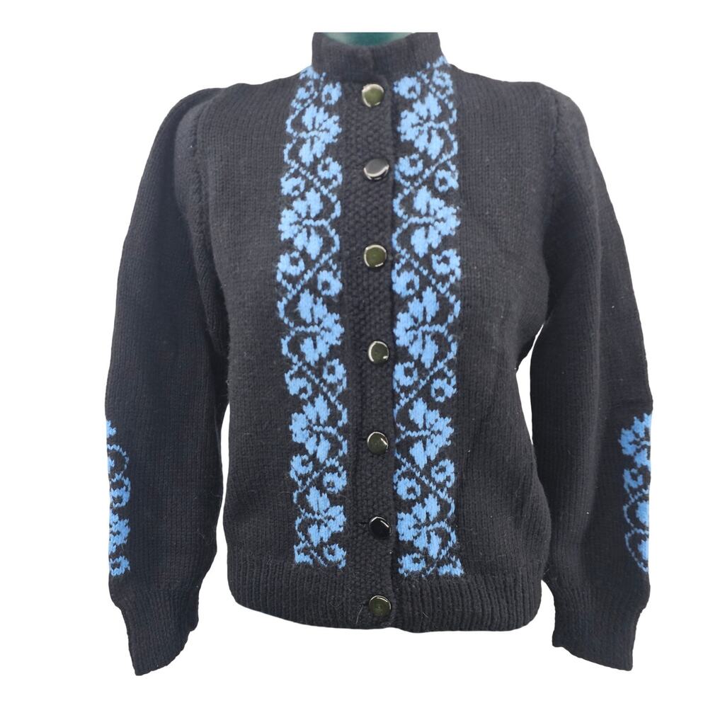 Vintage Wool Knit Cardigan Sweater Black Blue Floral Aran Grannycore M *READ*